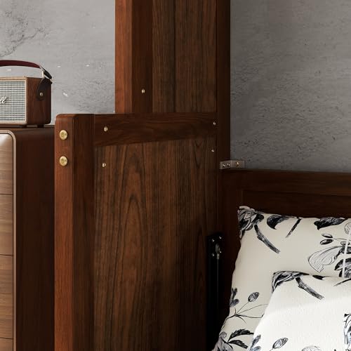 Murphy Bed Wall Bed with Desk, Wood Cabinet Murphy Bed, Space-Saving Hidden Wall Bed with Gas Struts, Walnut