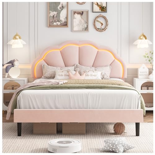 HIFIT Full Upholstered Smart LED Bed Frame with Adjustable Chic Petal Headboard, Princess Full Size Platform Bed Frames for Kids/Girls, Wooden Slats Support, No Box Spring Needed, Easy Assembly, Pink