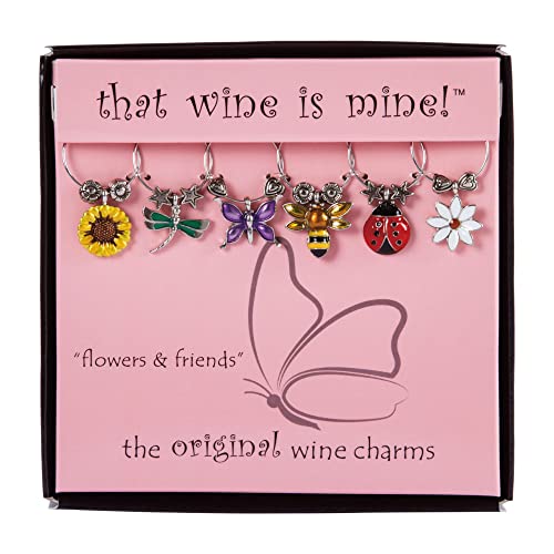 Wine Things Flowers and Friends Wine Charms, Zinc Alloy Wine Glass Tags for Stem Glasses, Drink Markers Identifiers for Parties, Tastings, and Entertaining, Multicolor, Set of 6