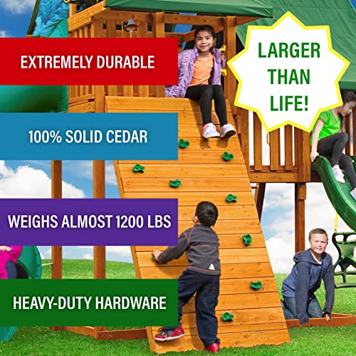 Sky Solid Cedar Wood Swing Set | Jungle Gym with Clubhouses, Rock Wall, Spiral Slide, Bottom Clubhouse, Wooden Step Ladder, Swings, and Accessories | Easy Assembly | Kids Playhouse | 1,250lbs - #5