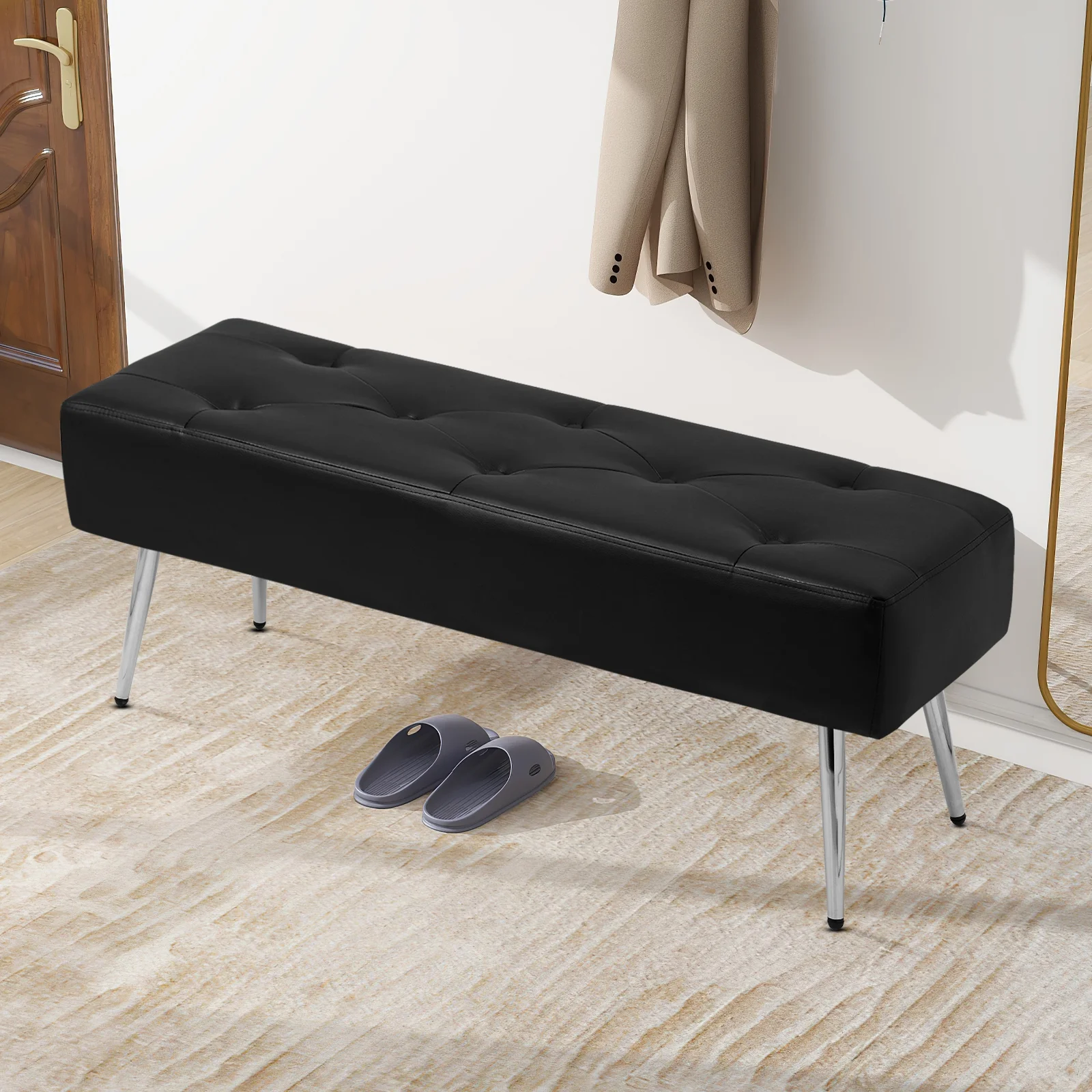 Furniliving Modern Ottoman Bench Upholstered Faux PU Leather Tufted Benches Bedroom Benches for Entryway,Bedroom,Black