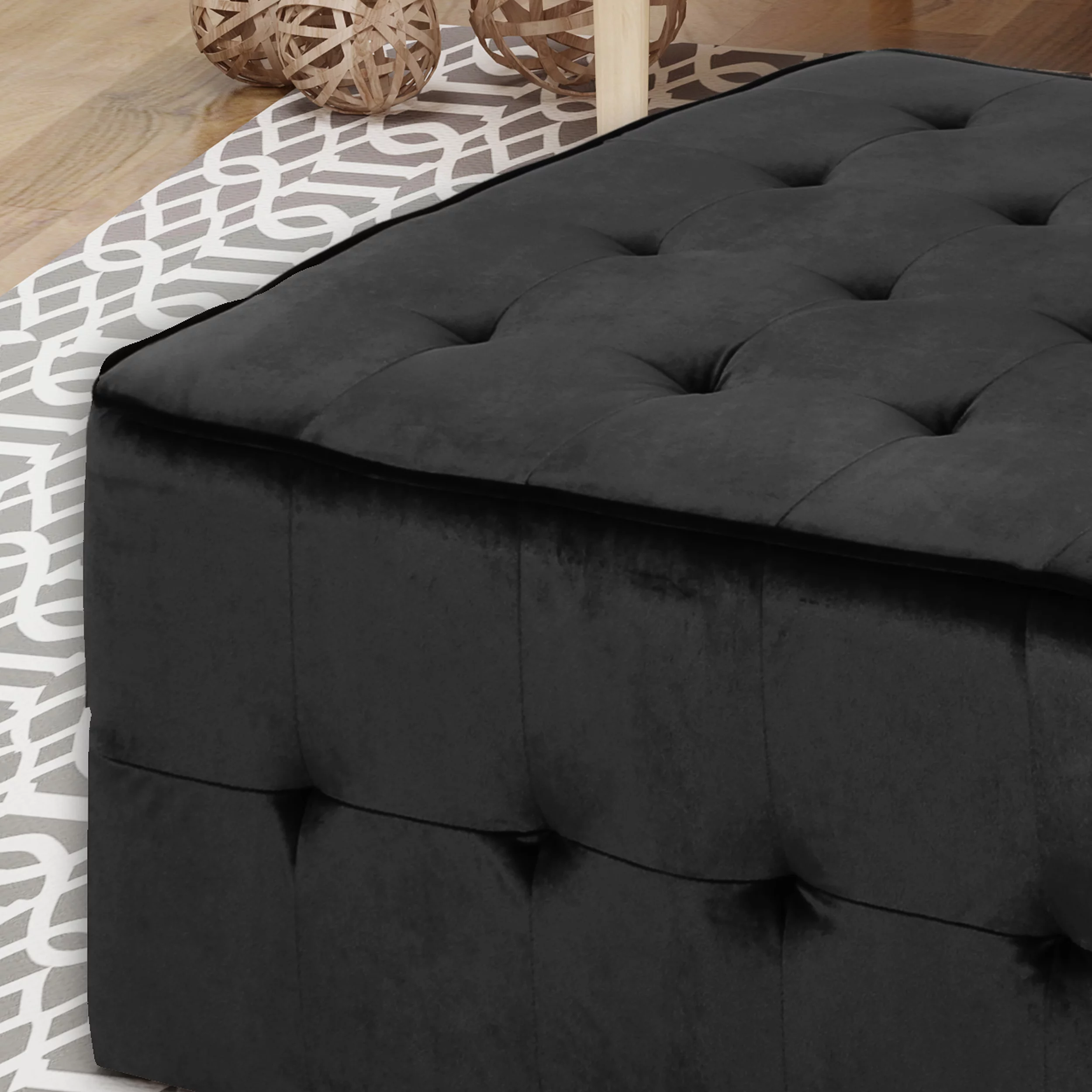 Noble House Jerry Glam Tufted Velvet Ottoman, Black