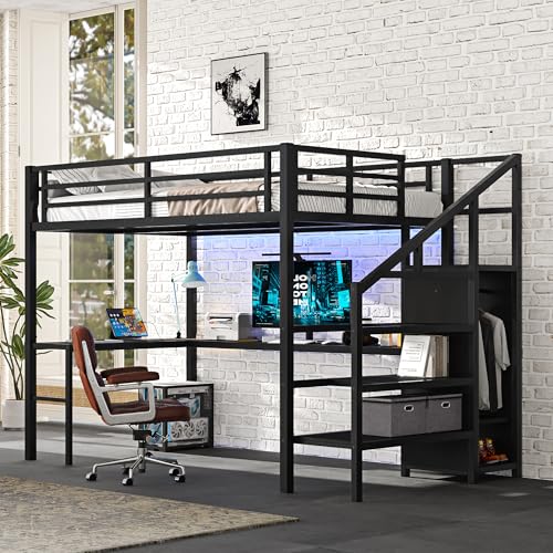 Bed Frames Full Size Loft Bed with L-shaped Desk and USB Heavy Duty Metal Gaming Loft Bed Full with Wardrobe and Adjustable Shelf with Storage Shelves Safety Guard and Ladder for Kids Teens and Adults