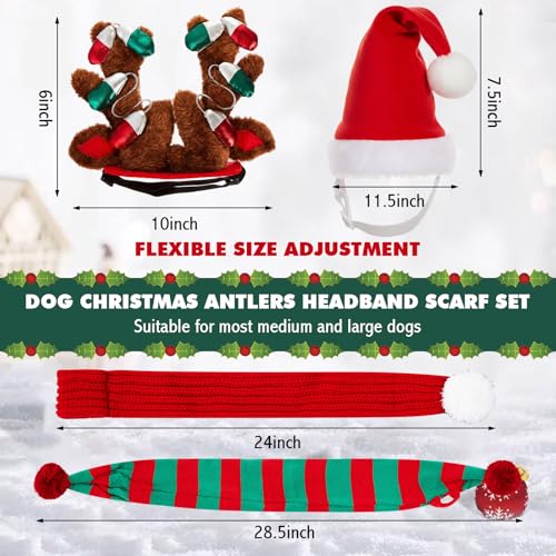 Zubebe 4 Pcs Dog Christmas Antlers Headband Scarf Set Dog Christmas Outfit Reindeer Antlers Headband Holiday Scarf for Xmas Pets Costumes Accessories(Classic)