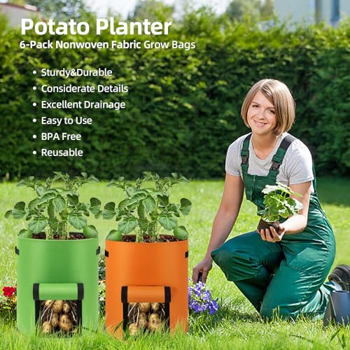 6-Pack 10 Gallon Grow Bags, Thickened Nonwoven Fabric Gallon Pots, Potato Growing Bags, Garden Fabric Grow Bags with Flap and Handles, Vegetable Grow Pots 6 Pack