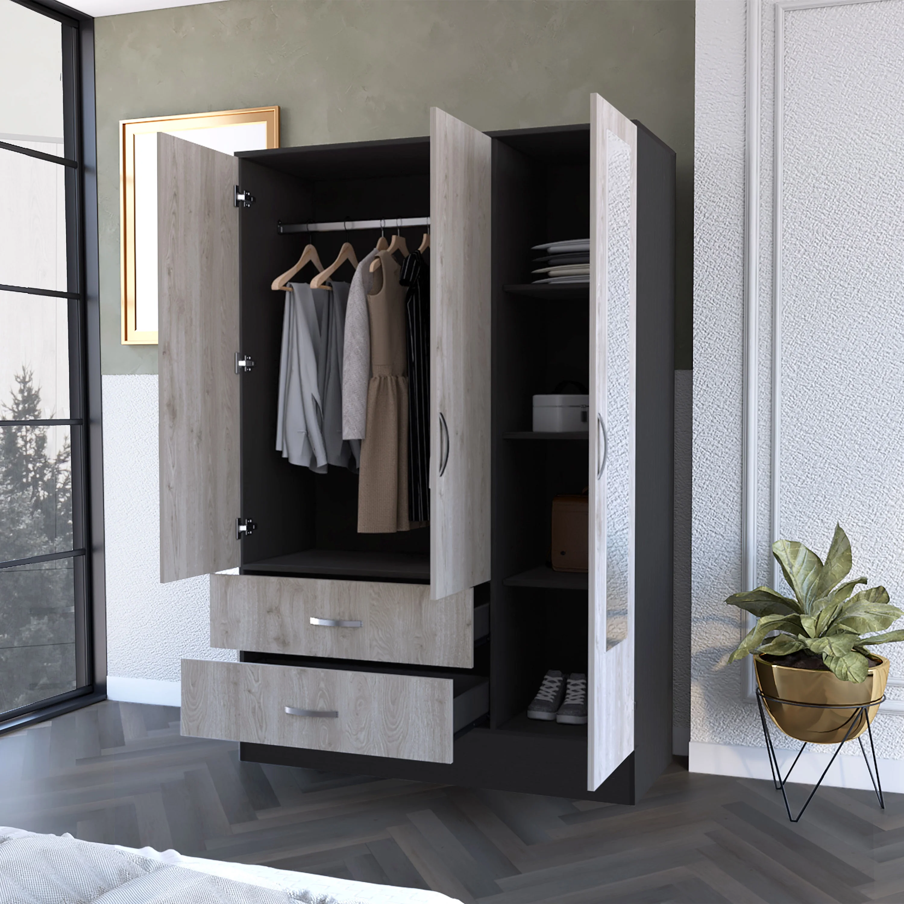 CoSoTower 2-Drawer Small Armoire with Mirror Door Black Wengue and Light Gray