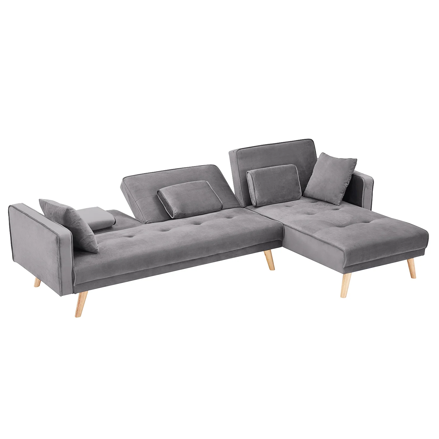 Modern Minimalist Velvet Fabric Upholstered L-Shaped Sectional Sofa Bed with Adjustable Backrests, Gray