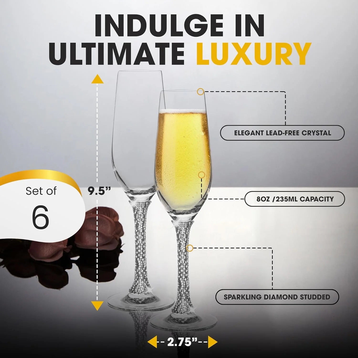 Premium Champagne Flutes - Crystal Champagne Glasses With Silver Rhinestone Embellished Stem - 8Oz Each (Set Of 6)