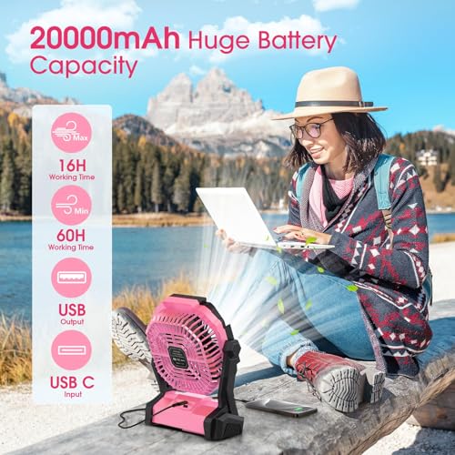 ONLYNEW Portable Fan Rechargeable, 20000mAh Cordless Battery Powered Fan with LED Lantern, USB C Battery Operated for Travel Bedroom Home Camping Tent Office Beach Desk Fishing Table