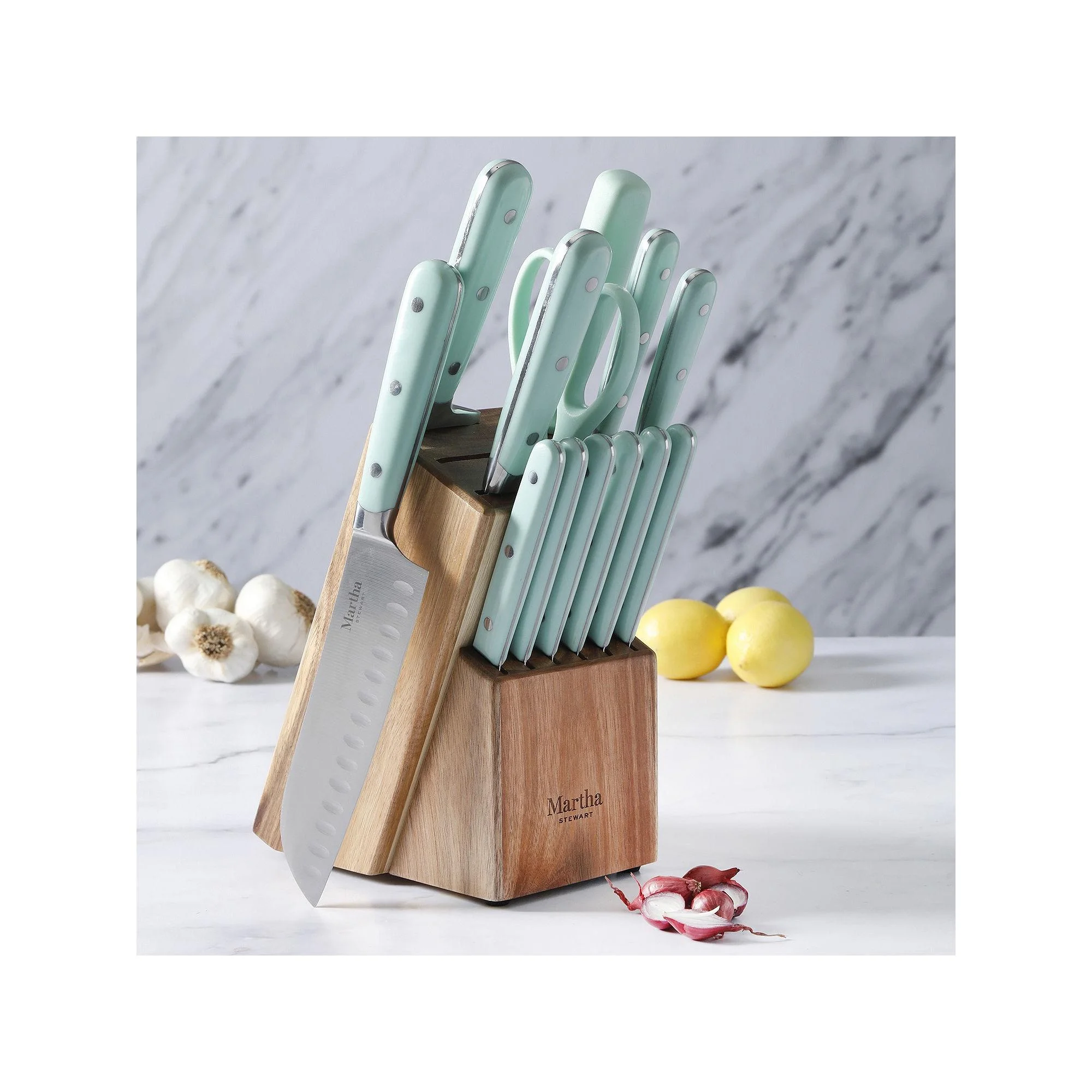 MARTHA STEWART 14-PIECE CUTLERY SET, Green with Wood Block