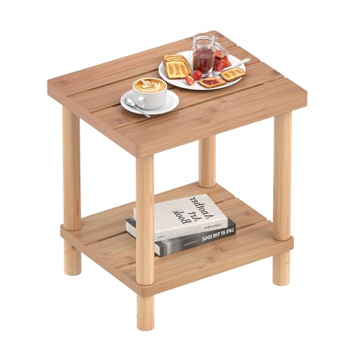 Outdoor Side Table, 2-Tier Small Outdoor Table for Patio, Adirondack Side Tables for Outside or Indoor, Bamboo End Table for Pool, Porch, Weather Resistant Easy Maintenance-Dark Blue