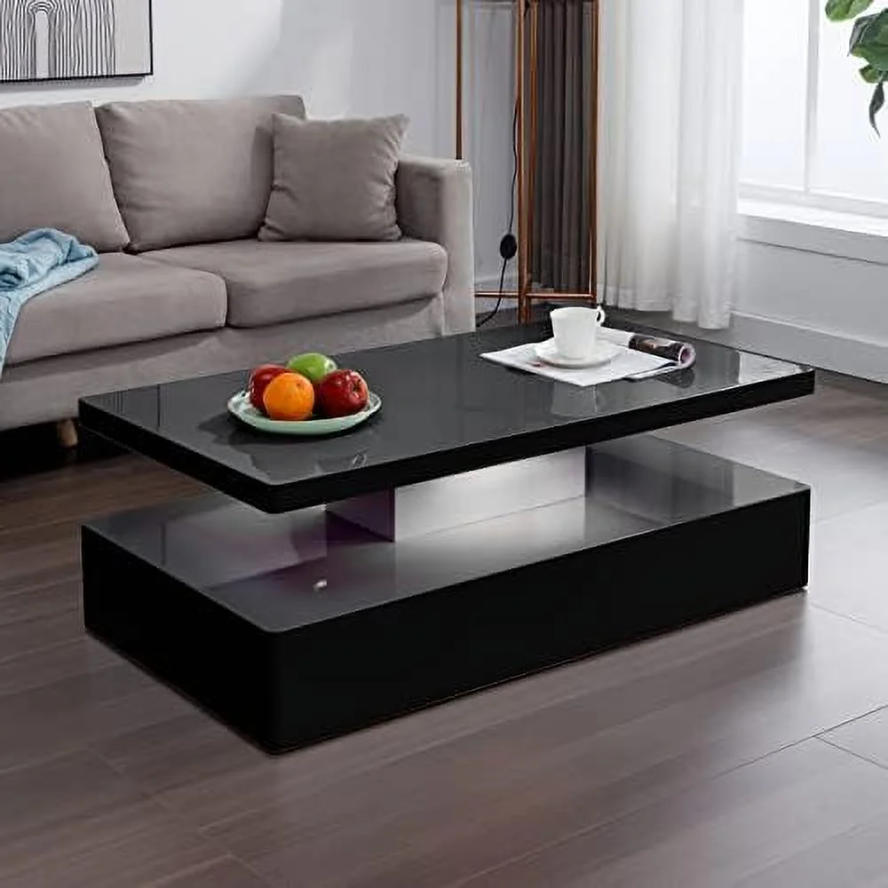 KHBIULIFE Modern Led Coffee Table  High Glossy Coffee Table with 12 Colors Lights  Rectangle Smart Table  Living Room Center/End Table with Lights  Living Room Table  (Black)