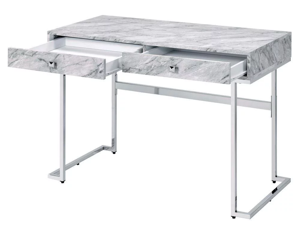 Modern White Printed Faux Marble Home Office Set by Acme 92615-4pcs Tigress