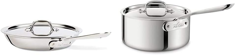 All-Clad D3 Fry Lid, 10 Inch Pan, Dishwasher Safe Stainless Steel Cookware, Silver, 10-Inch & Stainless Steel Tri-Ply Bonded Dishwasher Safe Sauce Pan with Lid, Cookware, 3-Quart, Silver