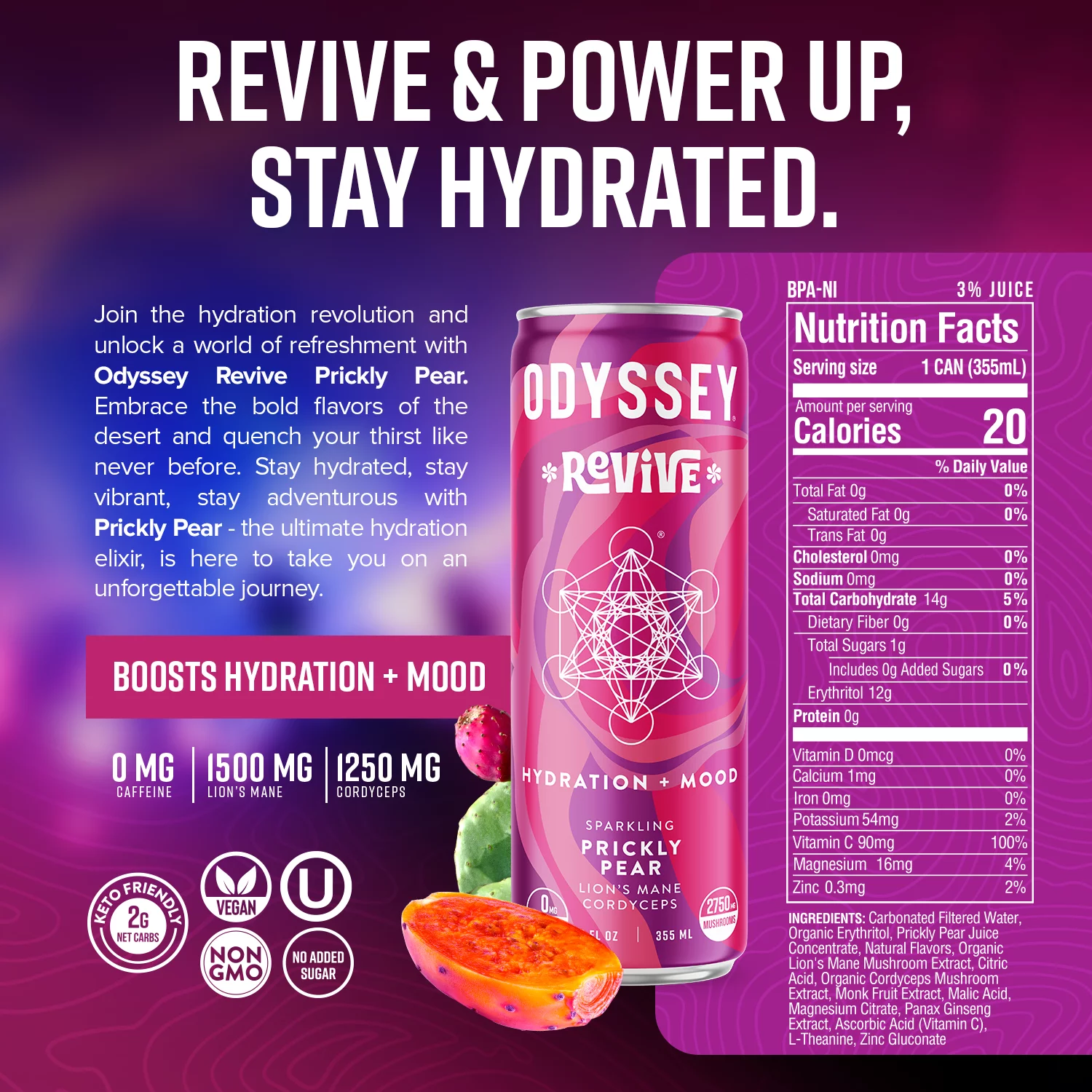 Odyssey Elixir Hydration and Focus Sparkling Mushroom Drink, Revive Prickly Pear Flavor 12 Fl oz (Pack of 12)