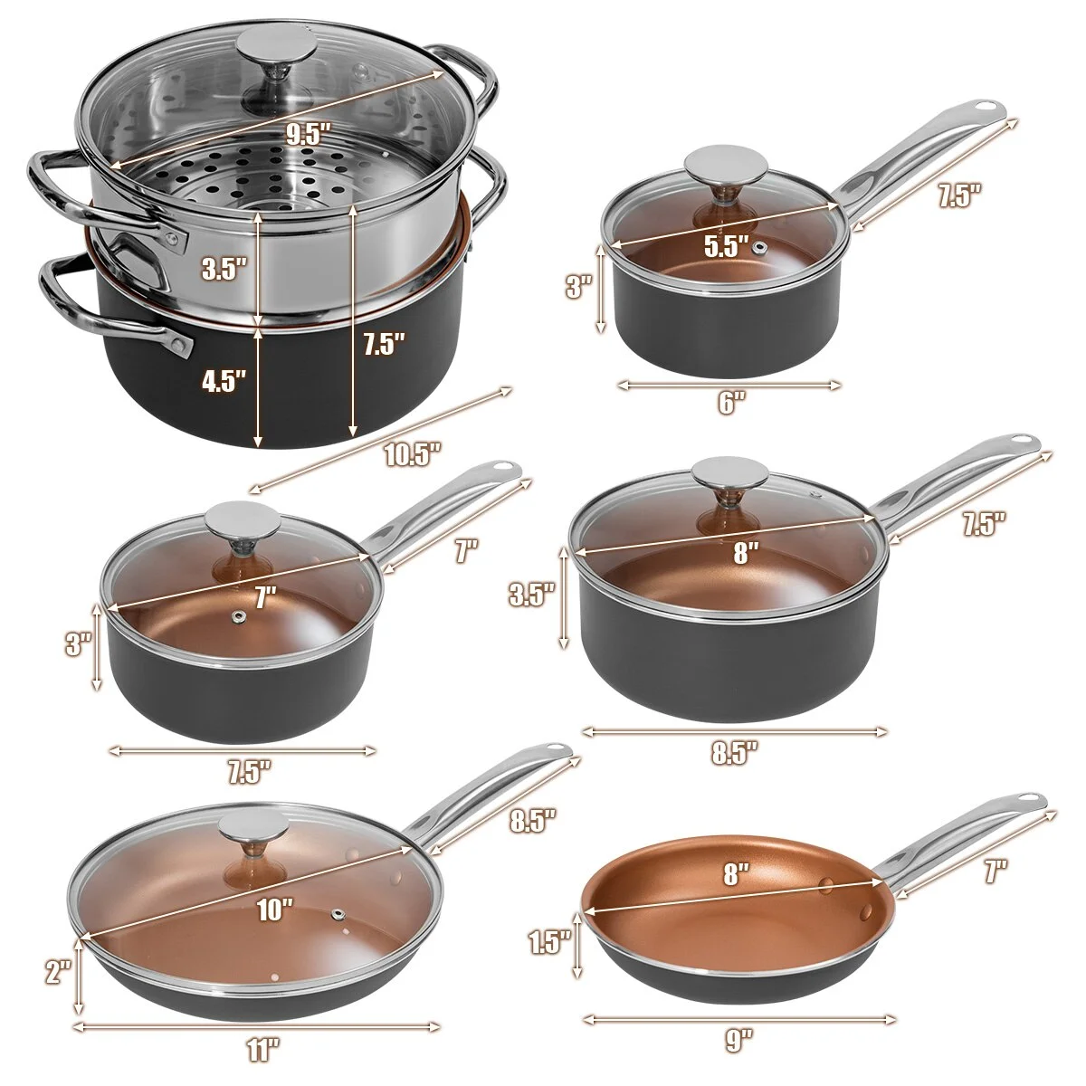 12 Piece Nonstick Cookware Set Copper Pots Pans Set