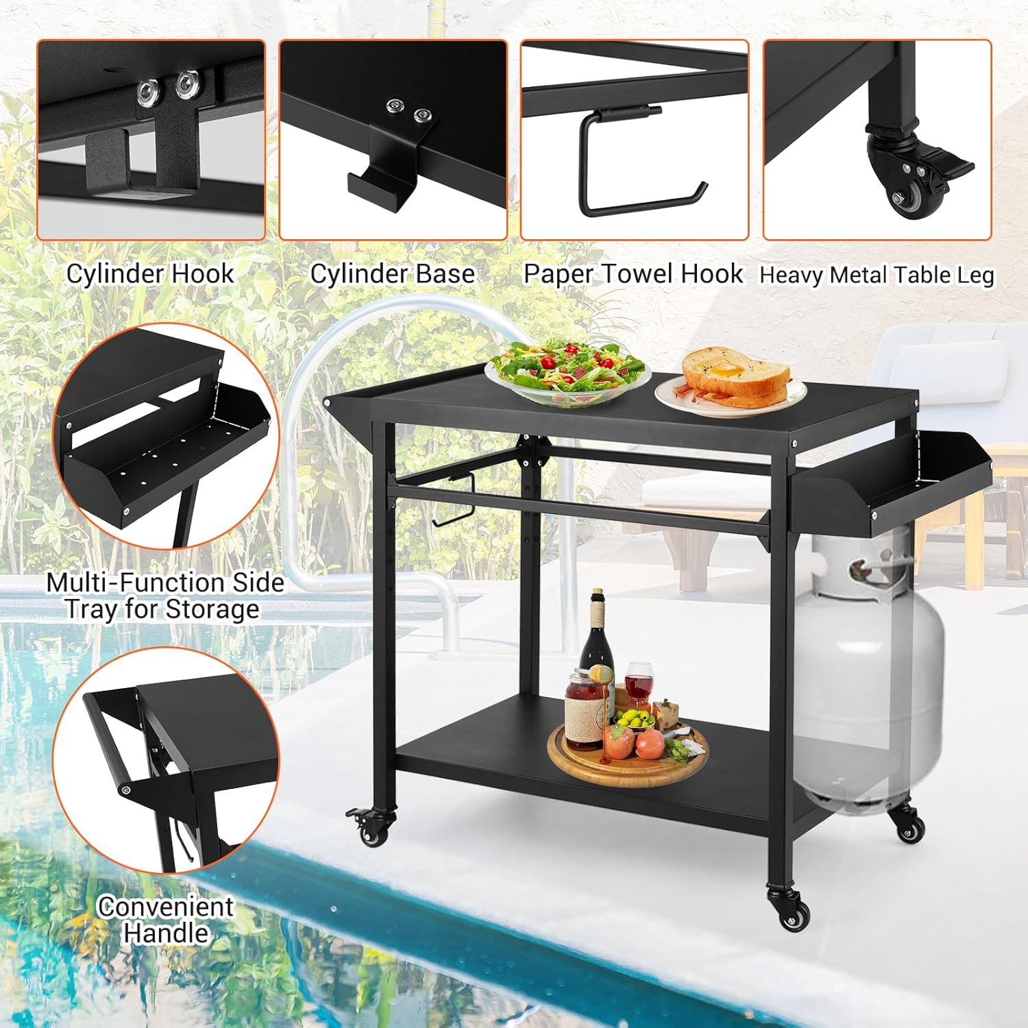 Outdoor Grill Cart, Pizza Oven Stand Table with Lockable Wheels for Outside Patio, Heavy Duty Movable Outdoor Cooking Prep Table BBQ Smoker Cart for Backyard, Camping and Parties, Black