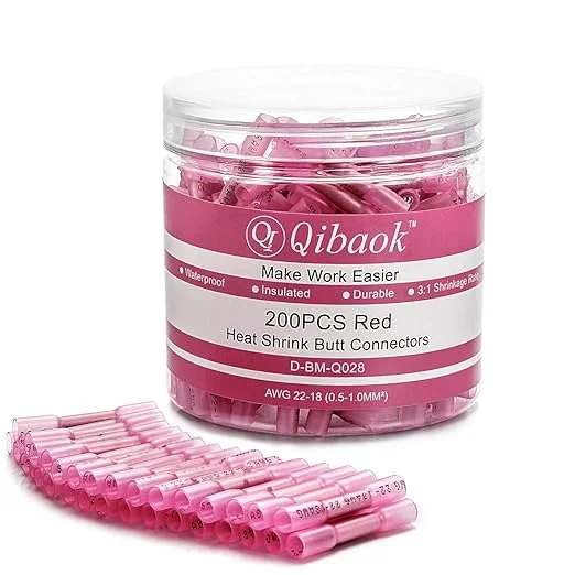 200 PCS Heat Shrink Butt Connectors Qibaok Waterproof Insulated Electrical Crimp Wire Connectors Butt Splice Terminal 22-18 AWG for Automotive Marine Boat Truck Trailer Stereo