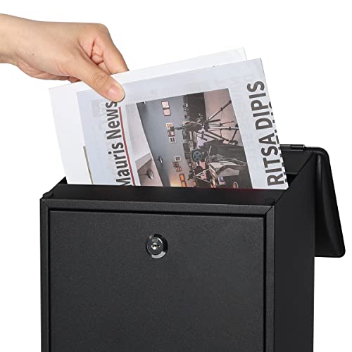 Mailbox with Key Lock, Lovndi Wall Mounted Locking Mailboxes, Medium Capacity Drop Lock Box for Outdoor, Black