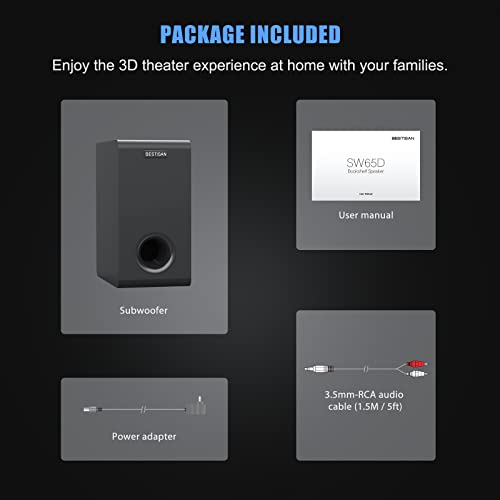 BESTISAN Powered Subwoofer, 6.5'' Side Firing Home Audio Sub, Deep Bass Response Subwoofers, Easy Setup with Home Theater Systems, TV, Speakers, RCA, LFE, AUX Input, High-Level Speaker Input & Output