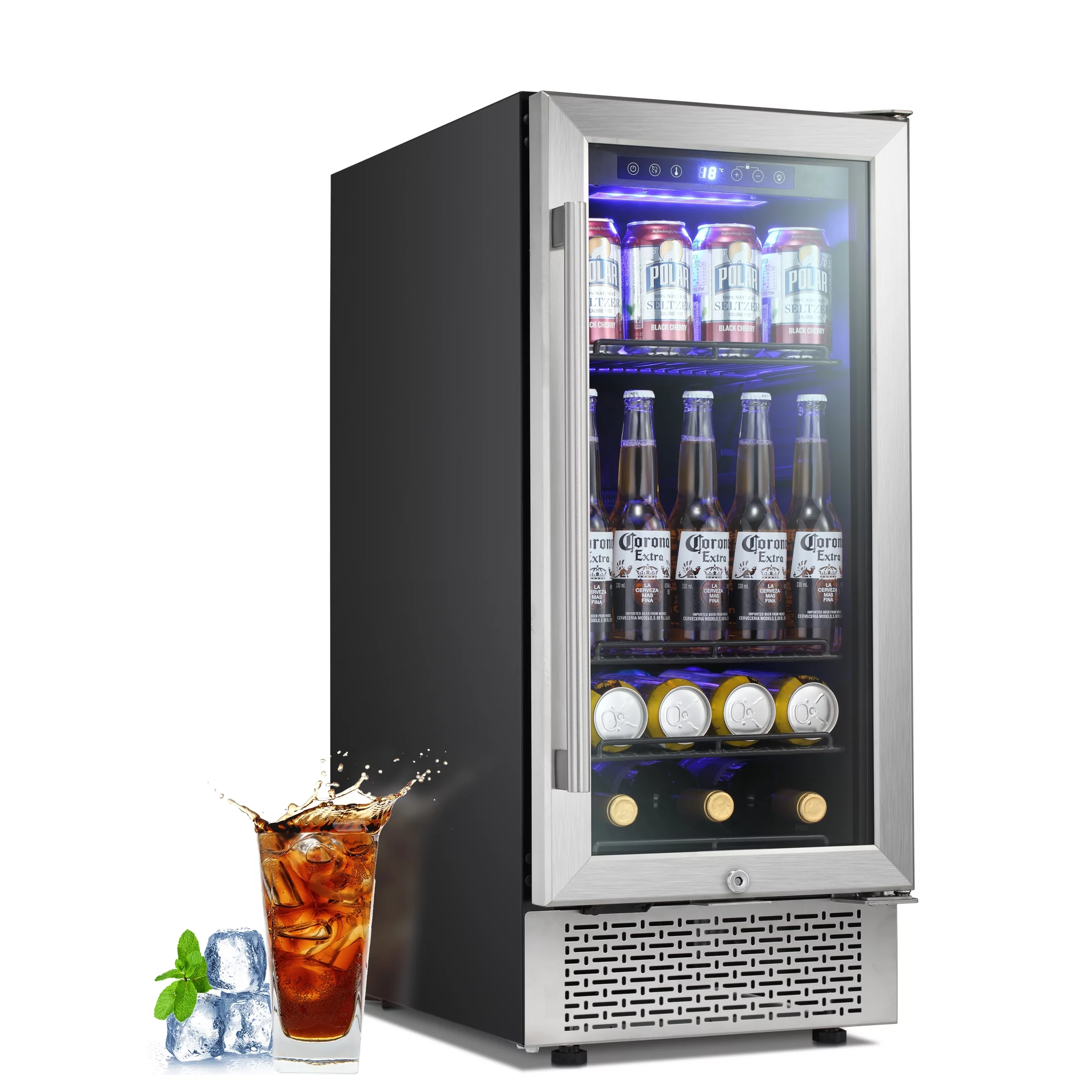 Auseo 15 inch Beverage Refrigerator, Built-in Wine Cooler, Mini Beverage Fridge, Clear Glass Door, Digital Memory Temperature Control, Beer Soda LED Light& Quiet Operation