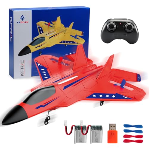 RC Plane, 2. 4GHz Remote Control Airplane with Gyro Stabilizer/LED Light/2 Rechargeable Batteries Easy to Fly RC Glider Toy for Kids Boy Girl Beginners (Red)