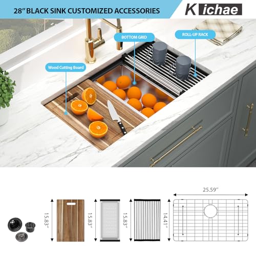 Kichae 12“ Deep Laundry Sink Undermount - 24 Inch Black Undermount Utility Sink Stainless Steel Single Bowl Under Counter Handmade Laundry Utility Room Basin