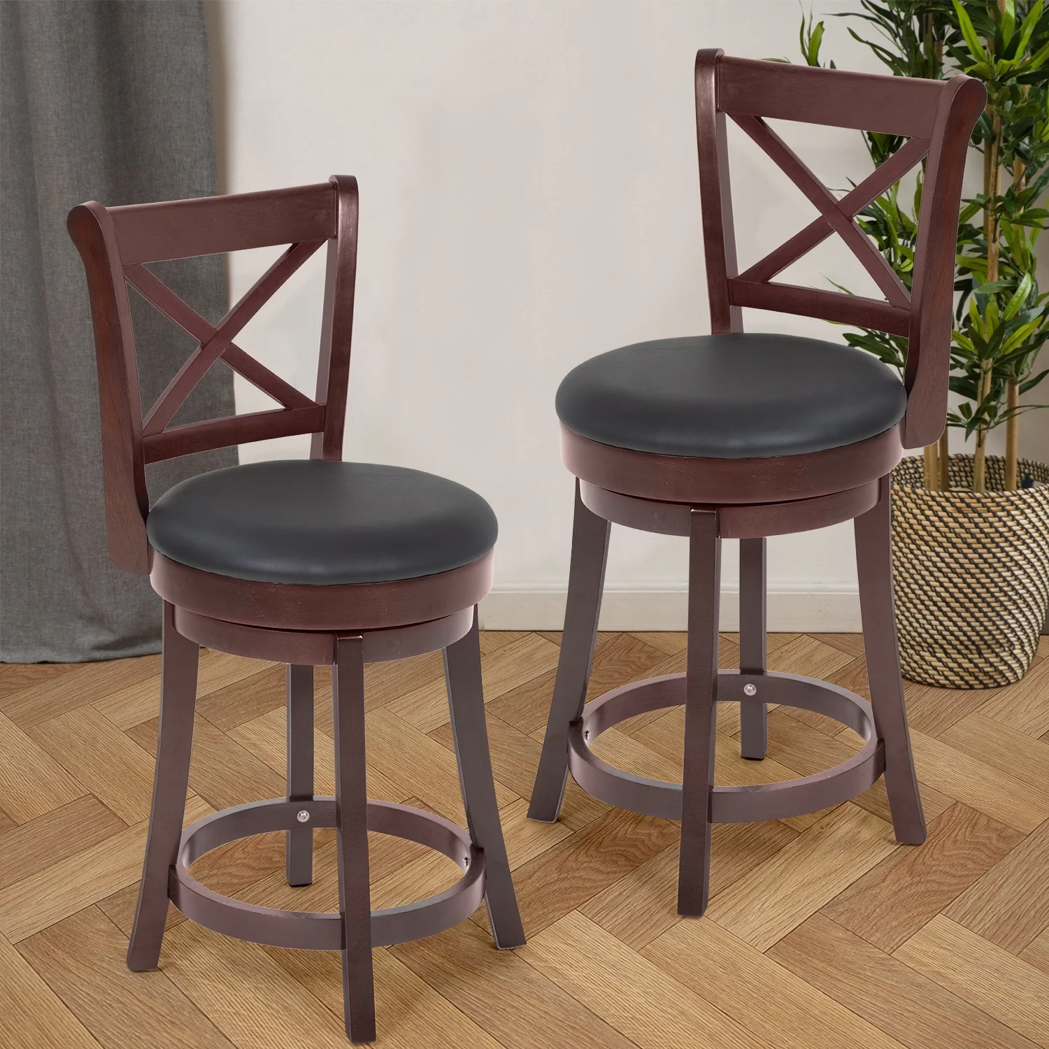 Bar Stools Counter Stools Kitchen Barstools with Wooden Low Back, 360 Degree Swivel, PU Leather Set of 2 (Brown)