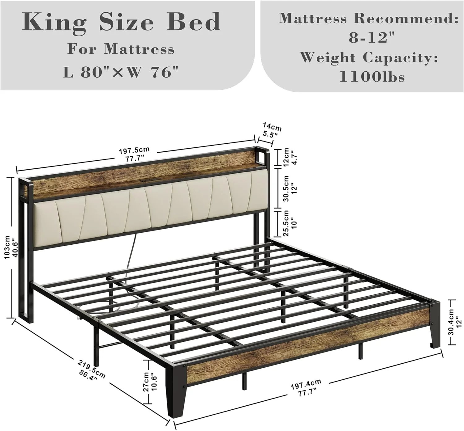 YINCHEN King Bed Frame, Storage Headboard with Charging Station, Solid and Stable, Noise Free, No Box Spring Needed, Easy Assembly (Walnut and Beige)