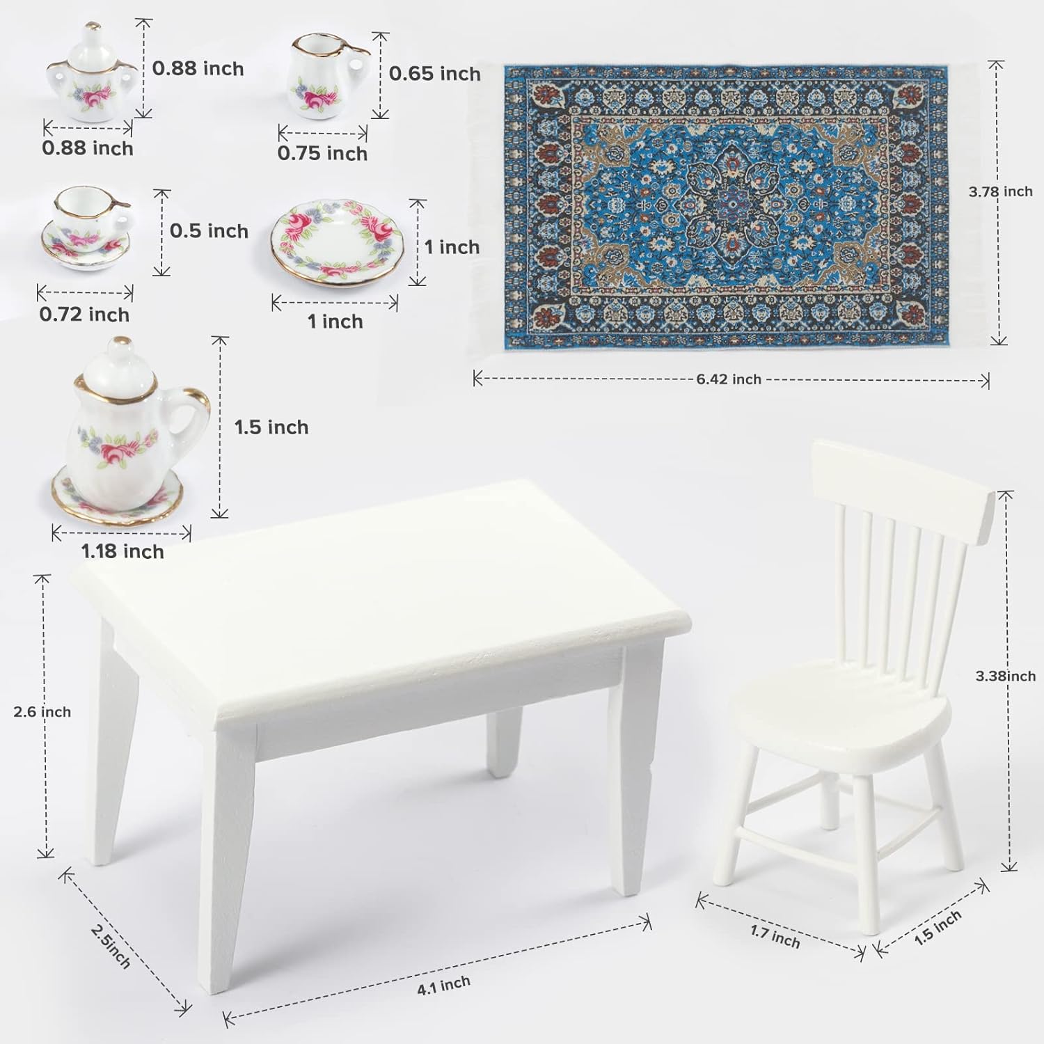 SAMCAMI 1:12 Dollhouse Furniture - Exquisite Kitchen Room Set (17 Pieces) - Dining Table with Chairs, Tea Set, Carpet - Dining Room Furniture Model (White)
