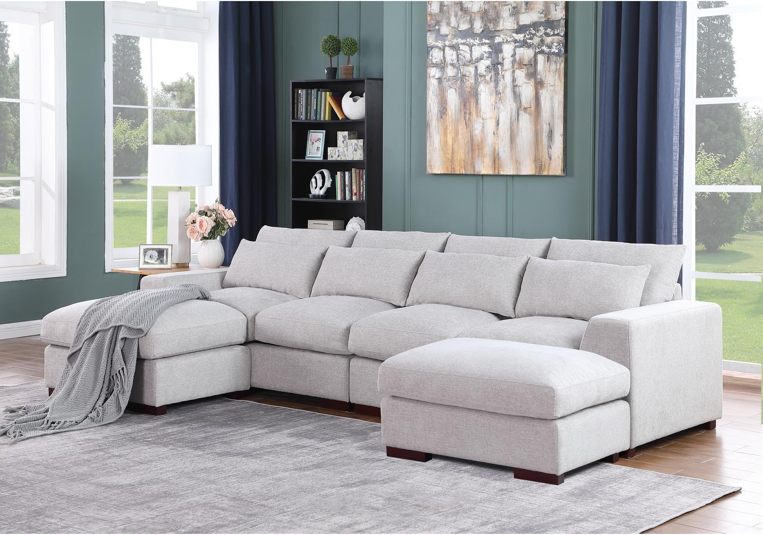 Devion Furniture Reversible Modular Sectional Fabric Sofa & Chaise with Two Ottoman-Light Gray