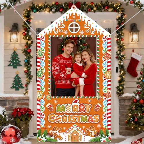 Christmas Party Decorations Christmas Photo Booth Backdrop Large Gingerbread House Xmas Photo Background Banner for Holiday Party, Indoor Outdoor for Family Gathering Office, Classroom Home Décor