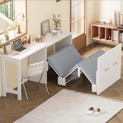 Twin Murphy Bed with Mattresses, Folding Cabinet Bed with Adjustable Position Desk, Pull Out Murphy Chest Beds with Desk for Small Place Office Nap Guest Room, White