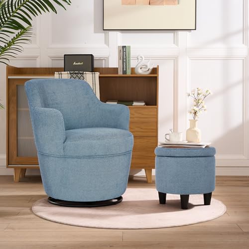 360° Swivel Accent Chairs with Ottoman, Modern Comfy Fabric Barrel Living Room Chair, Leisure Bedroom Armchair with Footstool, Blue