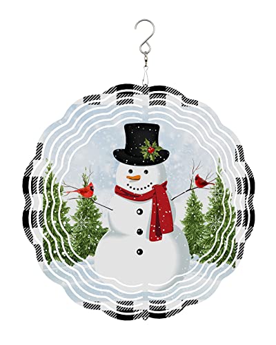 Wind Spinners for Yard and Garden- Christmas 3D Metal Wind Sculptures & Spinners Hanging Snowman with Cardinal Bird Stainless Steel Kinetic Art Indoor Outdoor Decor 8 Inches, Berry Pine Trees