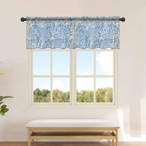 Summer Ocean Coral Valance Curtains for Kitchen/Living Room/Bathroom/Bedroom Window,Rod Pocket Small Topper Half Short Window Curtains Voile Sheer Scarf, Nautical Coastal Sea Ombre Solid Blue 54