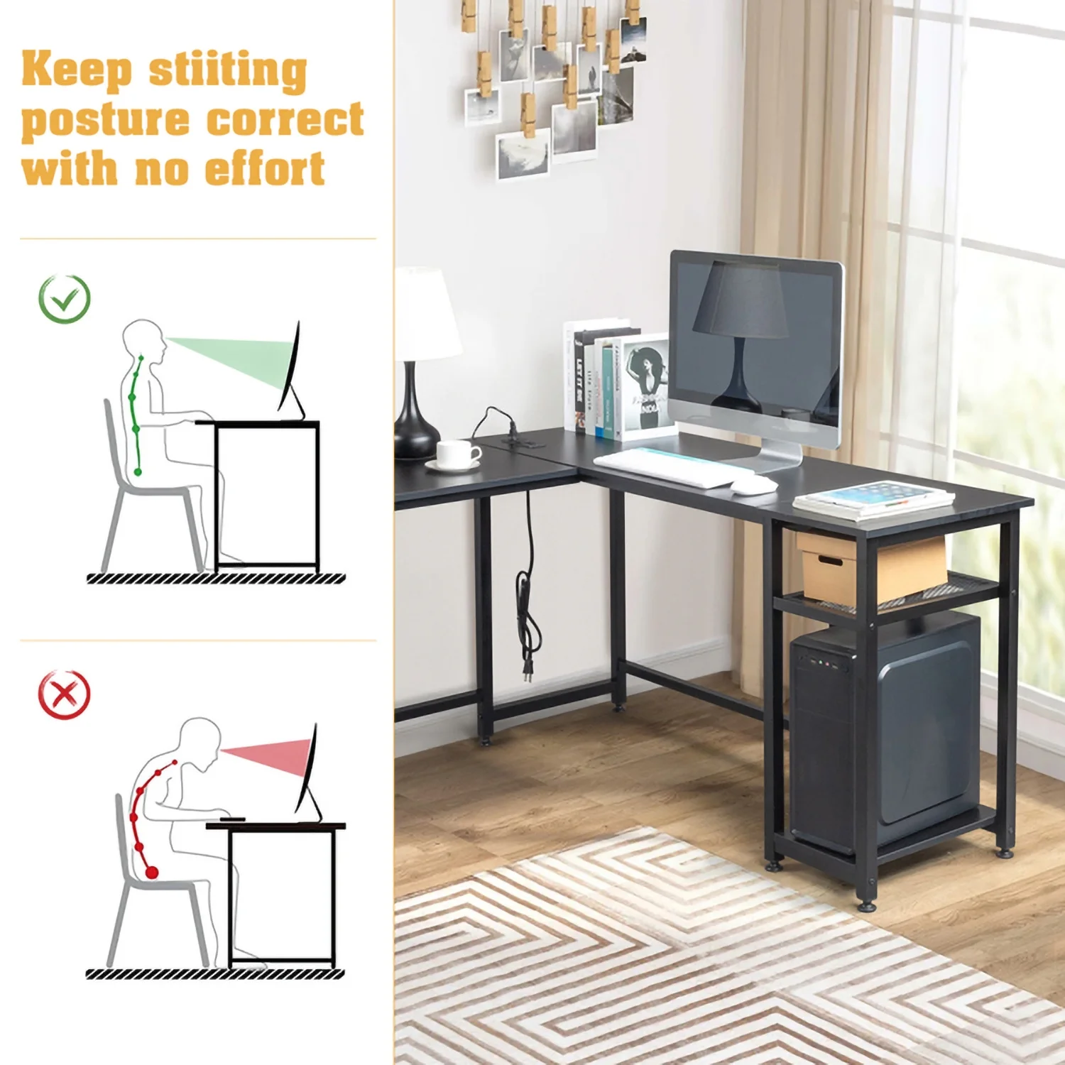 RUseeN L-Shaped Desktop Computer Desk with Power Outlets & Shelf Tiger Black