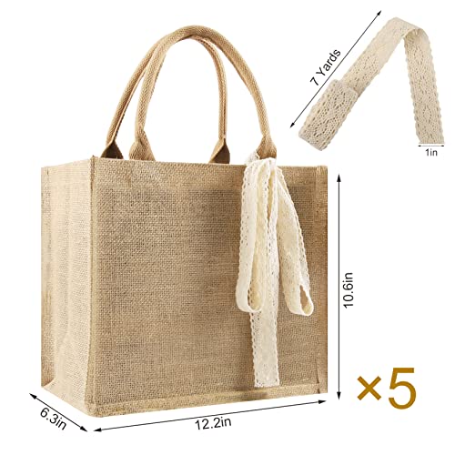 8 Pcs Burlap Tote Bags Bulk, Reusable Jute Tote Bag with 10Yd Ribbon Blank Burlap Gift Bag with Handle Waterproof Beach Tote Bag for Shopping Bridesmaid Gifts Bags 12.2''x10.6''x6.3''