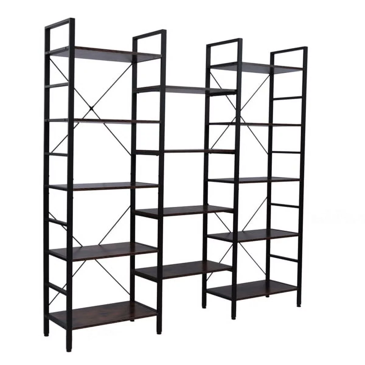 Triple Wide 5-Shelf Bookcase, Etagere Large Open Bookshelf Vintage Industrial Style Shelves Wood and Metal bookcases Furniture for Home & Office (Retro Brown)