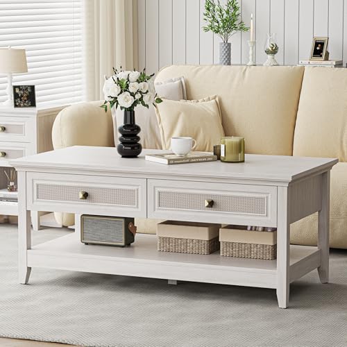 Farmhouse Coffee Table, Boho Tea Table with 2 Rattan Decor Drawers, Accent Center Sofa Table with Storage Shelf, 2 Tier Coffee Table for Living Room, Bedroom, Home Office, Grayish White