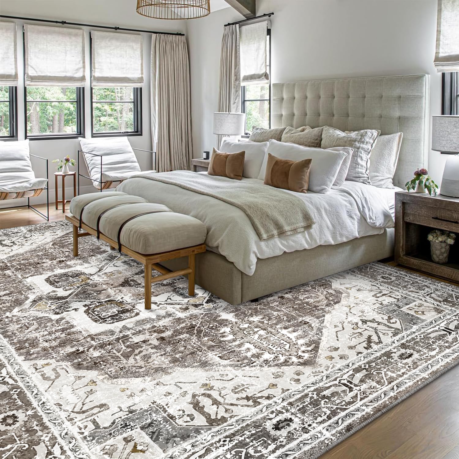 5x7 Area Rugs - Machine Washable Area Rugs 5x7 for Living Room, Soft Washable Rugs 5x7, Non-Slip Washable Area Rug, Stain Resistant Boho Low Pile Thin washable rug 5x7