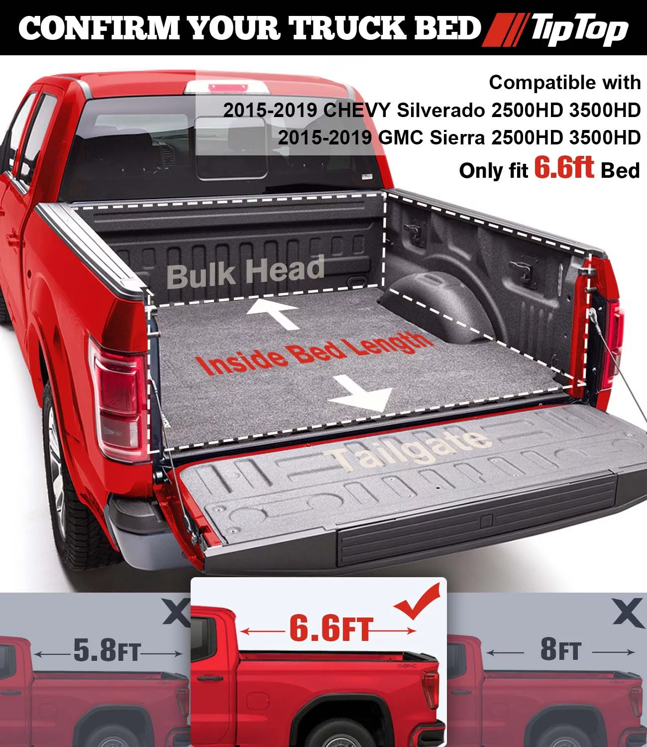 TIPTOP Tri-Fold Hard Tonneau Cover Truck Bed FRP On Top For 2015-2019 CHEVY Silverado / GMC Sierra 2500HD 3500HD 6.6ft Bed (78.9