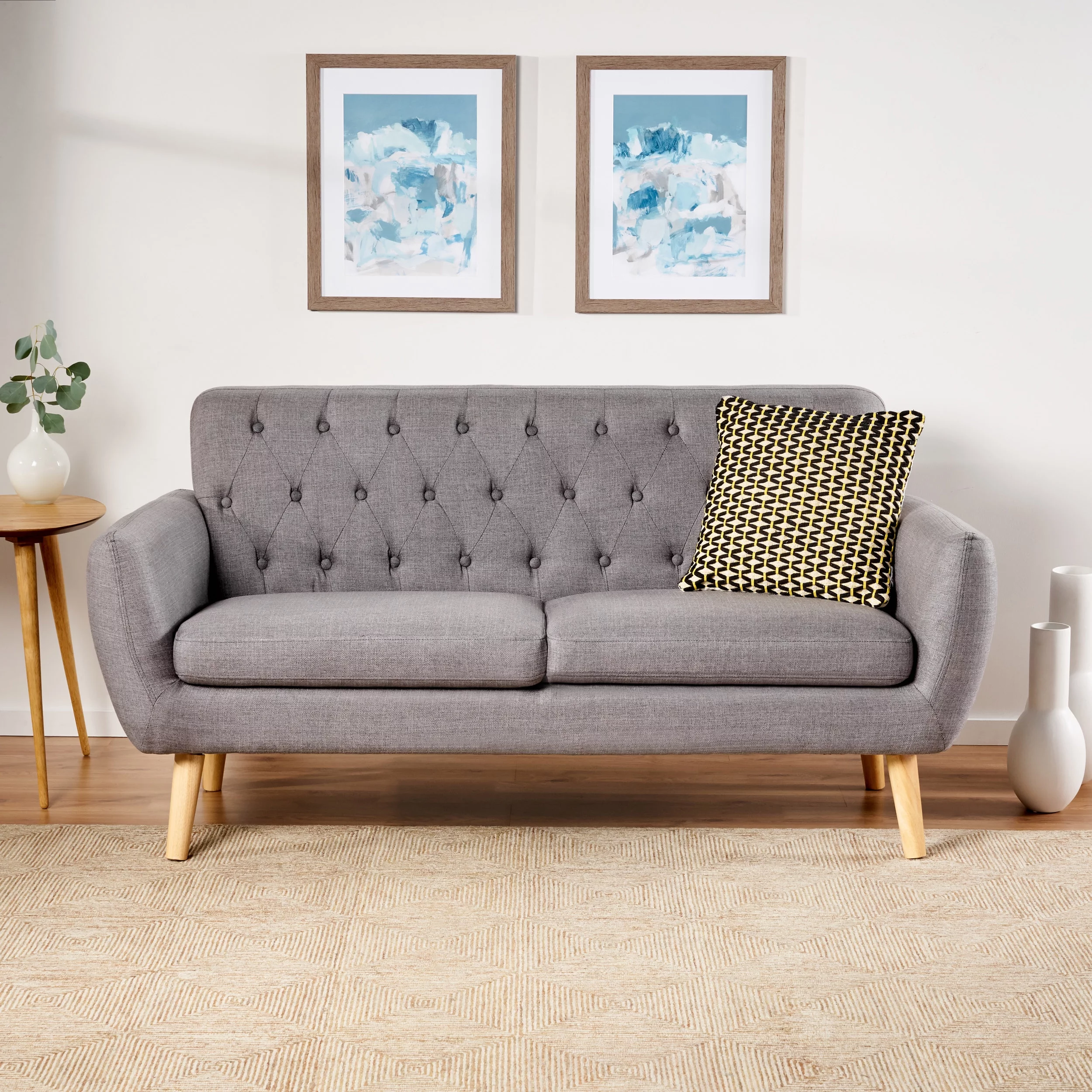 Noble House Amaro Mid Century Modern Tufted Fabric Sofa, Dark Grey