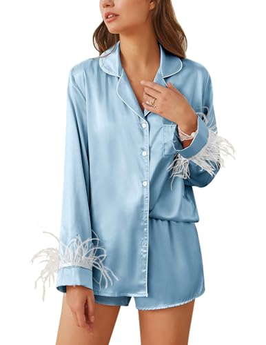 Ekouaer Women's Bridal Feather Trim Silk Satin Pajama Set Long Sleeve Lounge Sets Sleepwear (Removable Feather)