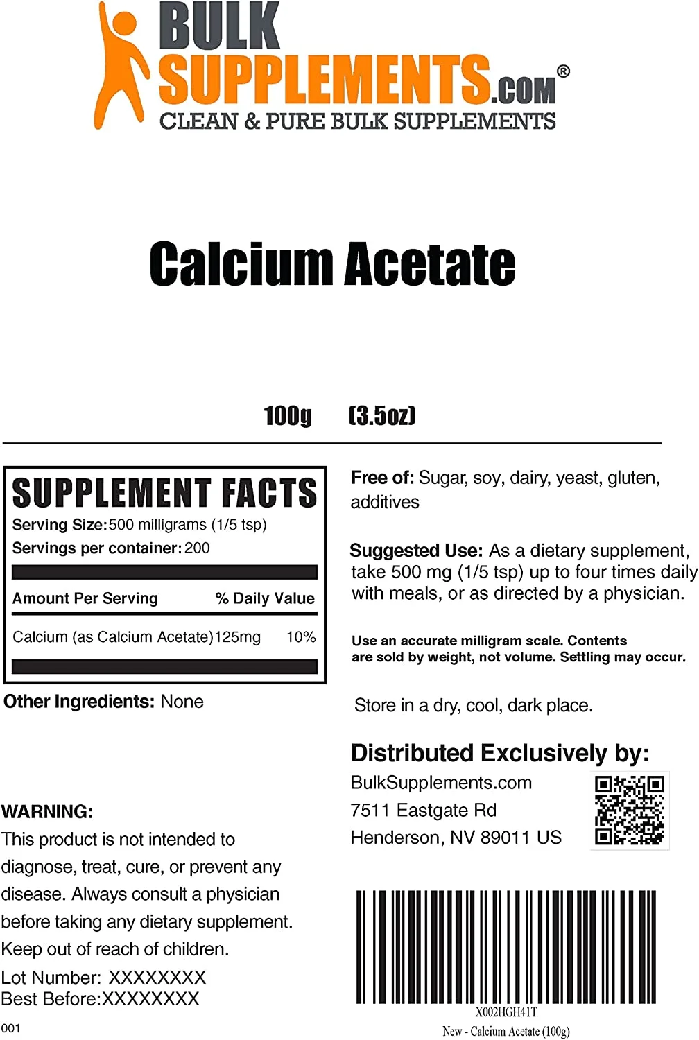 BulkSupplements.com Calcium Acetate Powder - Calcium Supplement - Calcium Powder Supplement - Vegan Calcium - for Bones & Teeth - 500mg (125mg Calcium) per Serving (100 Grams - 3.5 oz)