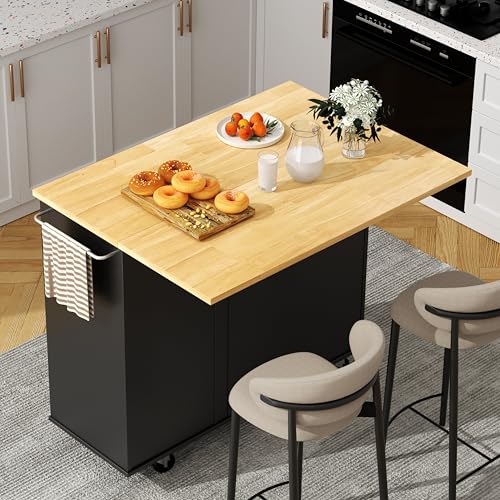 Shintenchi Rolling Kitchen Island Cart with Folding Drop Leaf Breakfast Bar, Portable Trolley Island with Large Storage Cabinet, Shelf and Drawer, White