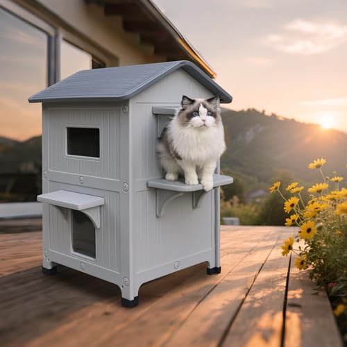 Plastic Outdoor Cat House with Mat Weatherproof for Feral Cat, 2 Story Insulated Elevated Cat Shelter with Escape Door, Easy Assemble, Expansive Interior‌ Grey