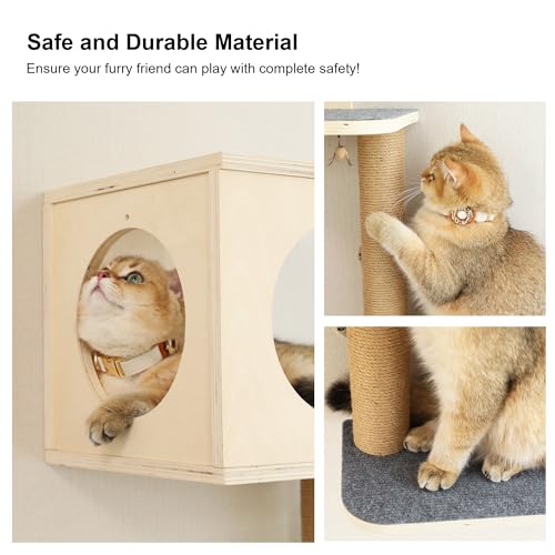 FUKUMARU Cat Wall Shelves, 5-Piece Stable Wooden Wall-Mounted Furniture Set, Kitty Climber with Hammock, House, Steps, Scratching Post (Gray)