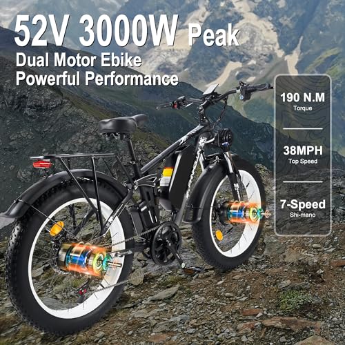 Peak 3000W Fat-Tire Electric-Bike for Adults-Women-Men - PHNHOLUN Seeker24 Dual Motor Electric-Bicycle, 52V 25AH, 38MPH, Full Suspension Ebikes with 24 Inch for Off-Road Mountain Snow（US Warehouse）