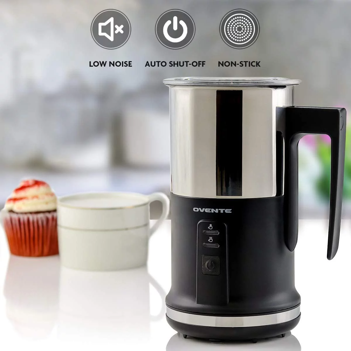 OVENTE Electric Stainless Steel Milk Frother and Steamer, Non Stick Milk Warmer, Black FR1208B